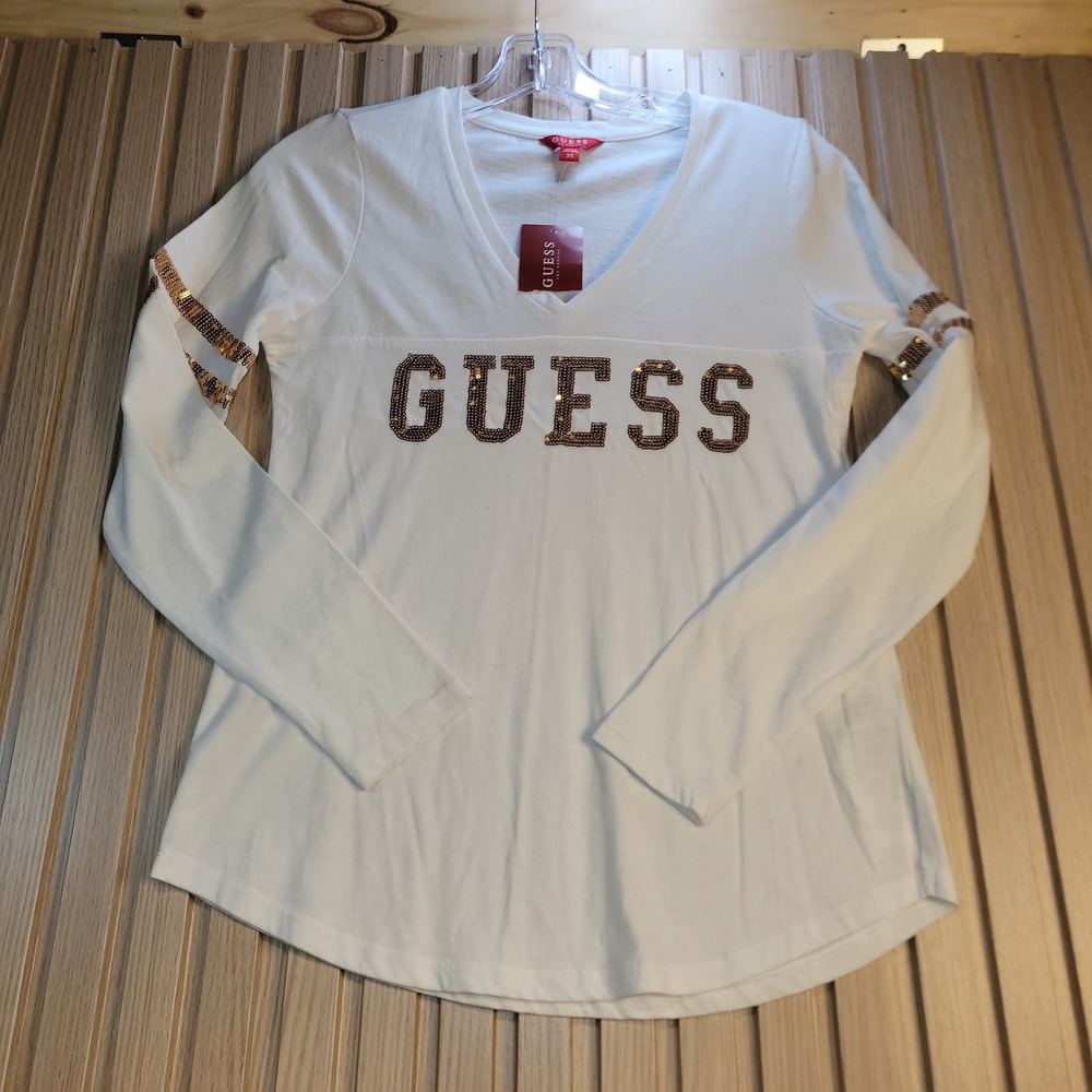 Guess Kyrie Logo Top White Sequin V-Neck Long Sleeve Shirt Q95P08R4ER1 XS